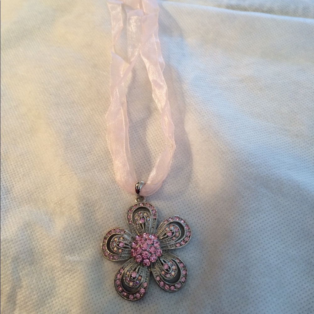 Pink Rhinestone Silver Flower Ribbon Necklace - Picture 4 of 5